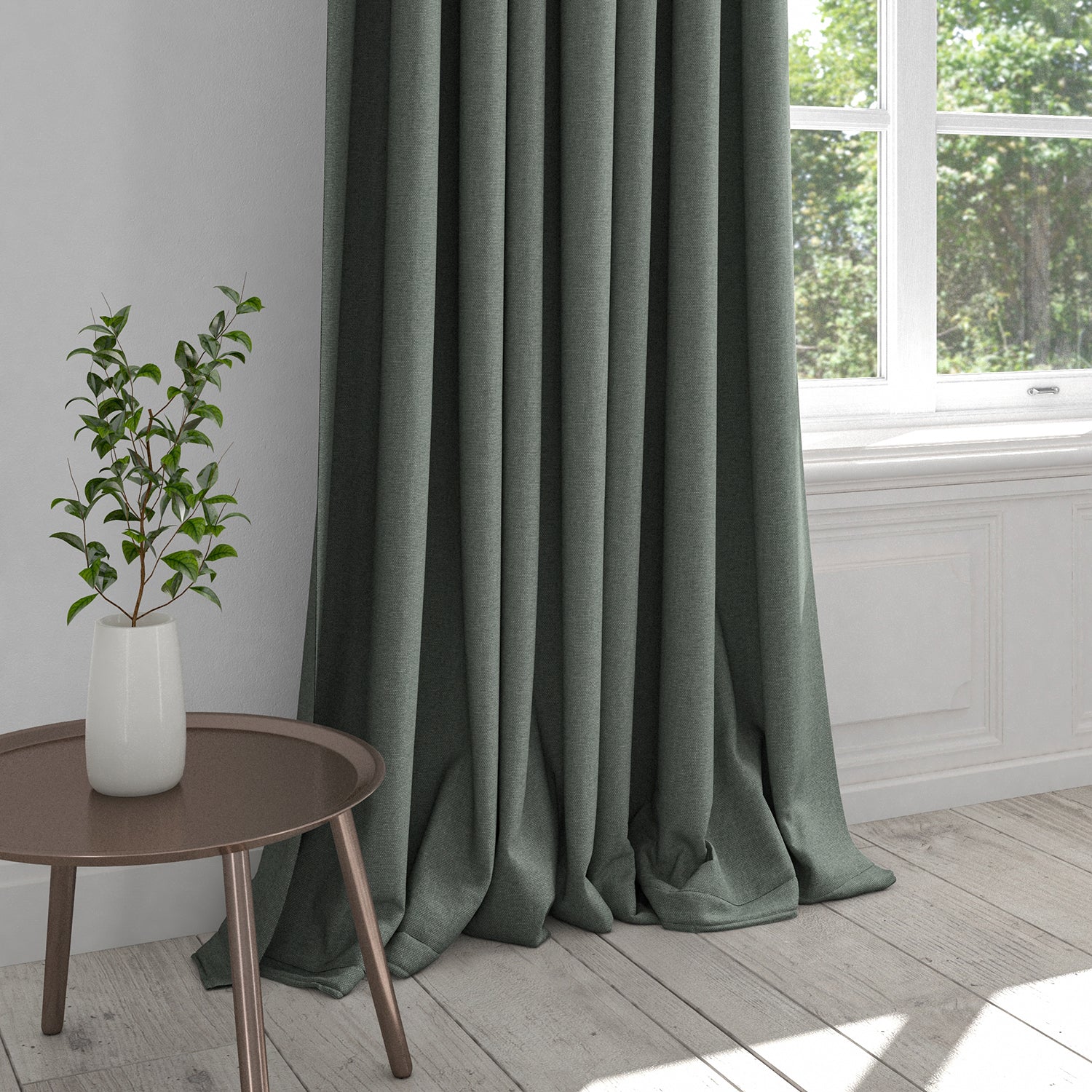 Curtain in a plain aqua cotton fabric with a stain resistant finish