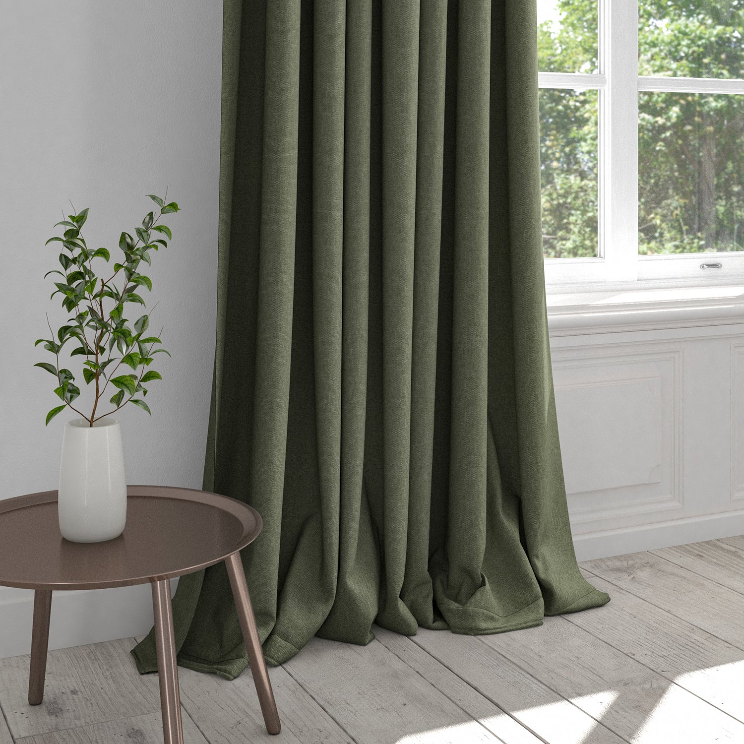 Curtain in a deep taupe plain cotton fabric with a stain resistant finish
