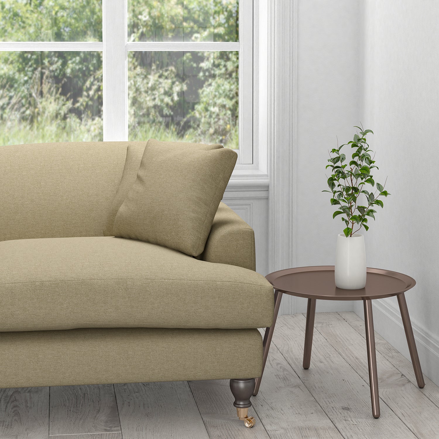 Sofa upholstered in a plain brown cotton furnishing fabric