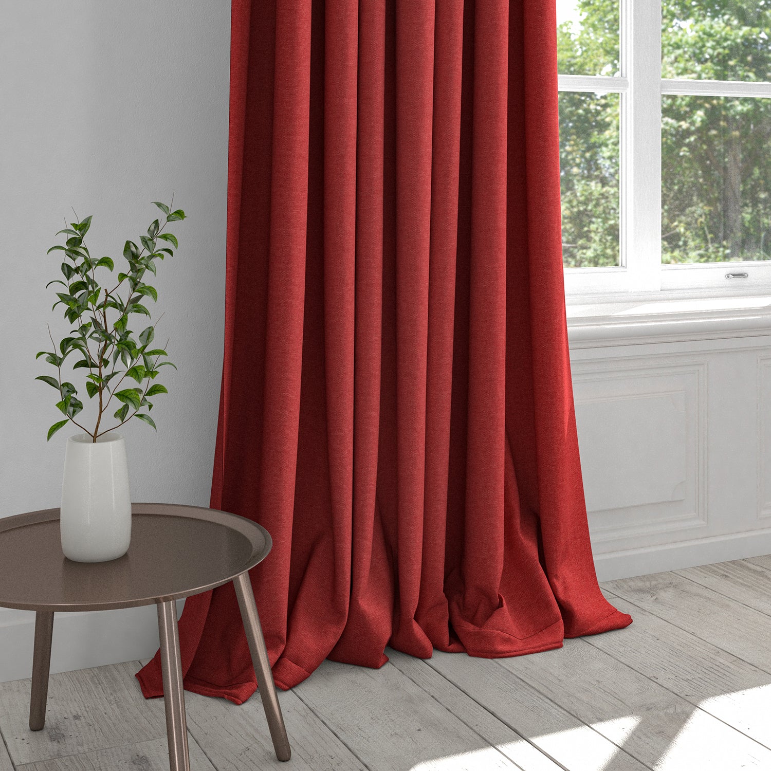 Curtain in a plain red cotton fabric for contract or domestic use