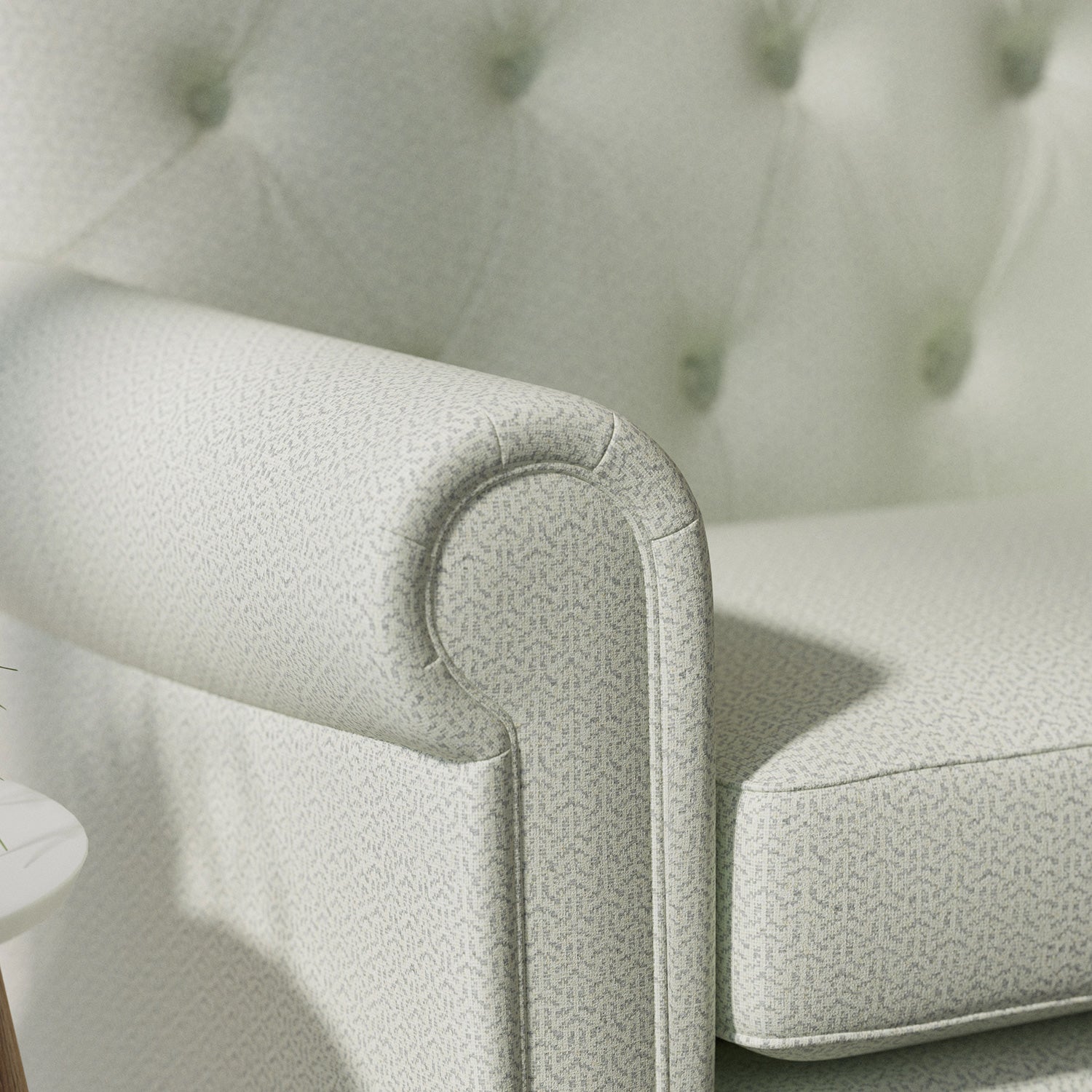 Sofa upholstered in a light blue Scandi-style semi-plain upholstery fabric with a stain resistant finish