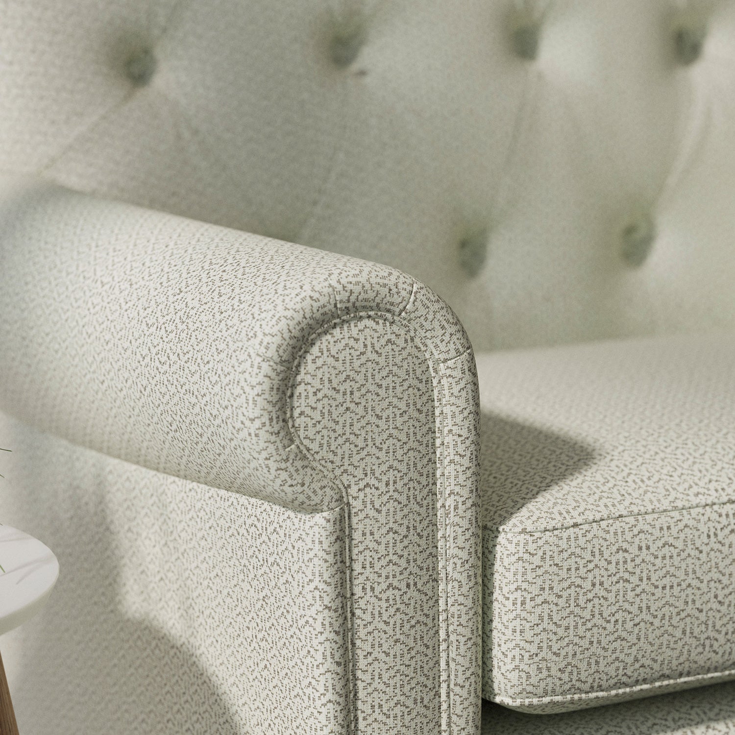 Sofa upholstered in a grey Scandi-style semi-plain upholstery fabric with a stain resistant finish