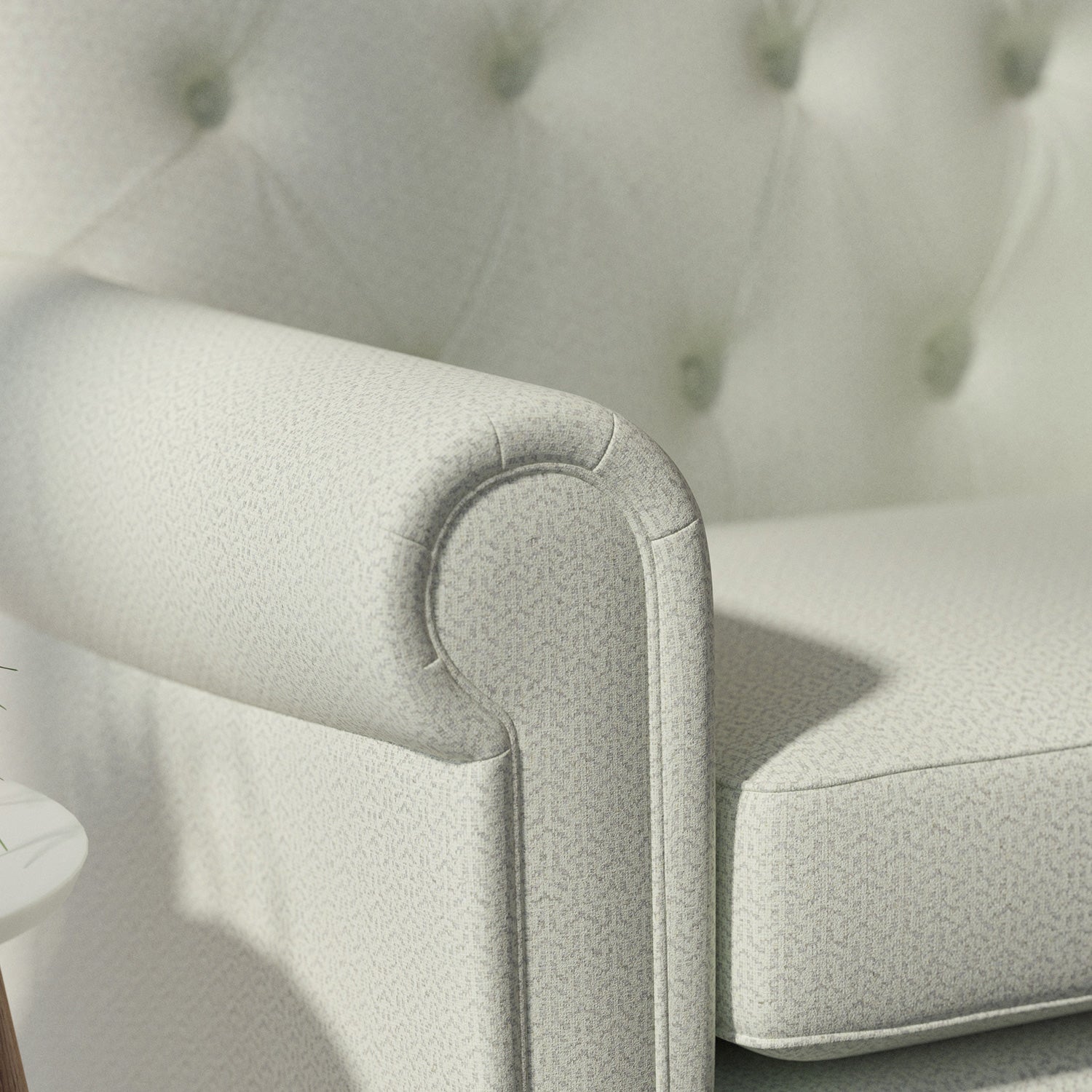 Sofa upholstered in a light grey Scandi-style semi-plain upholstery fabric with a stain resistant finish