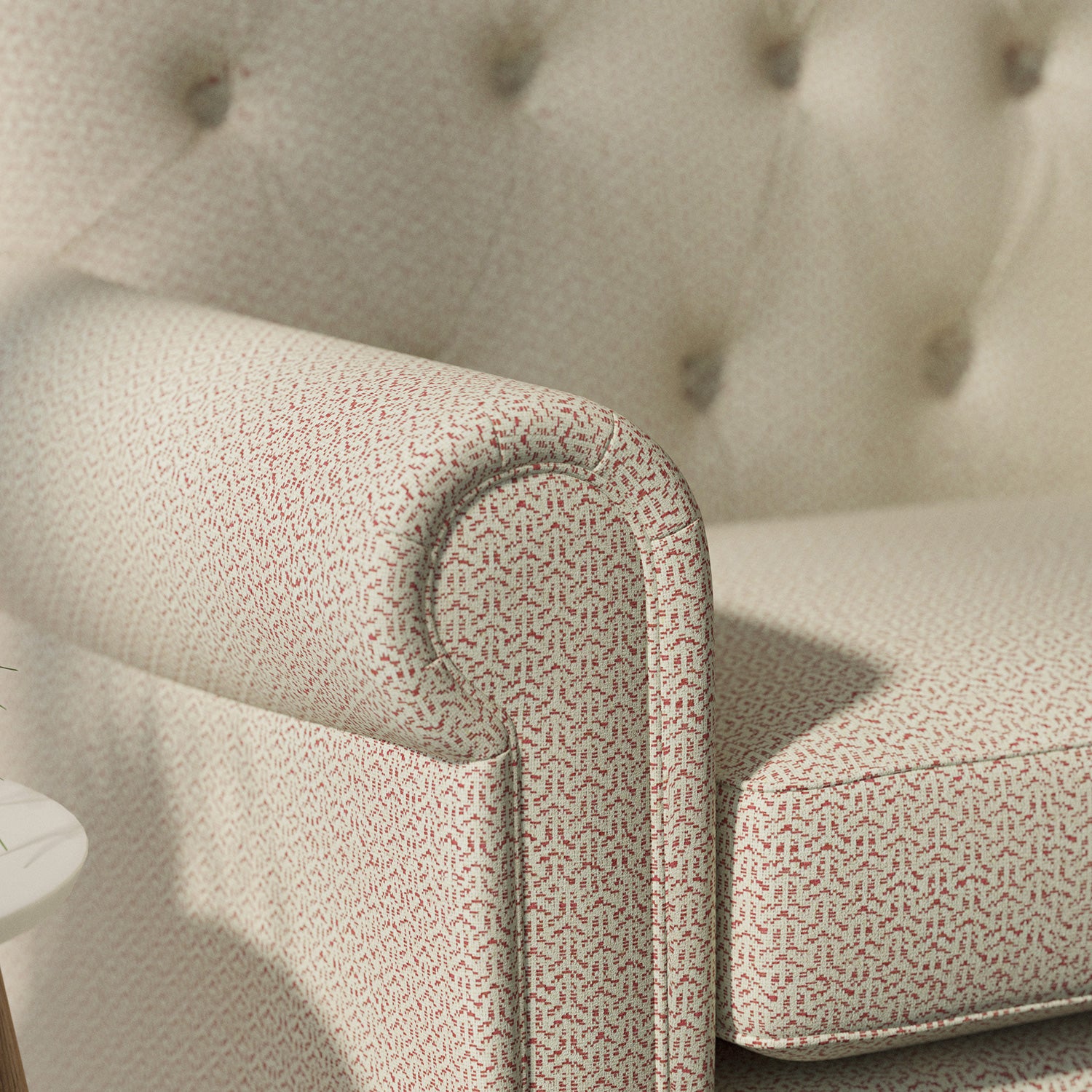 Sofa upholstered in a red Scandi-style semi-plain upholstery fabric with a stain resistant finish