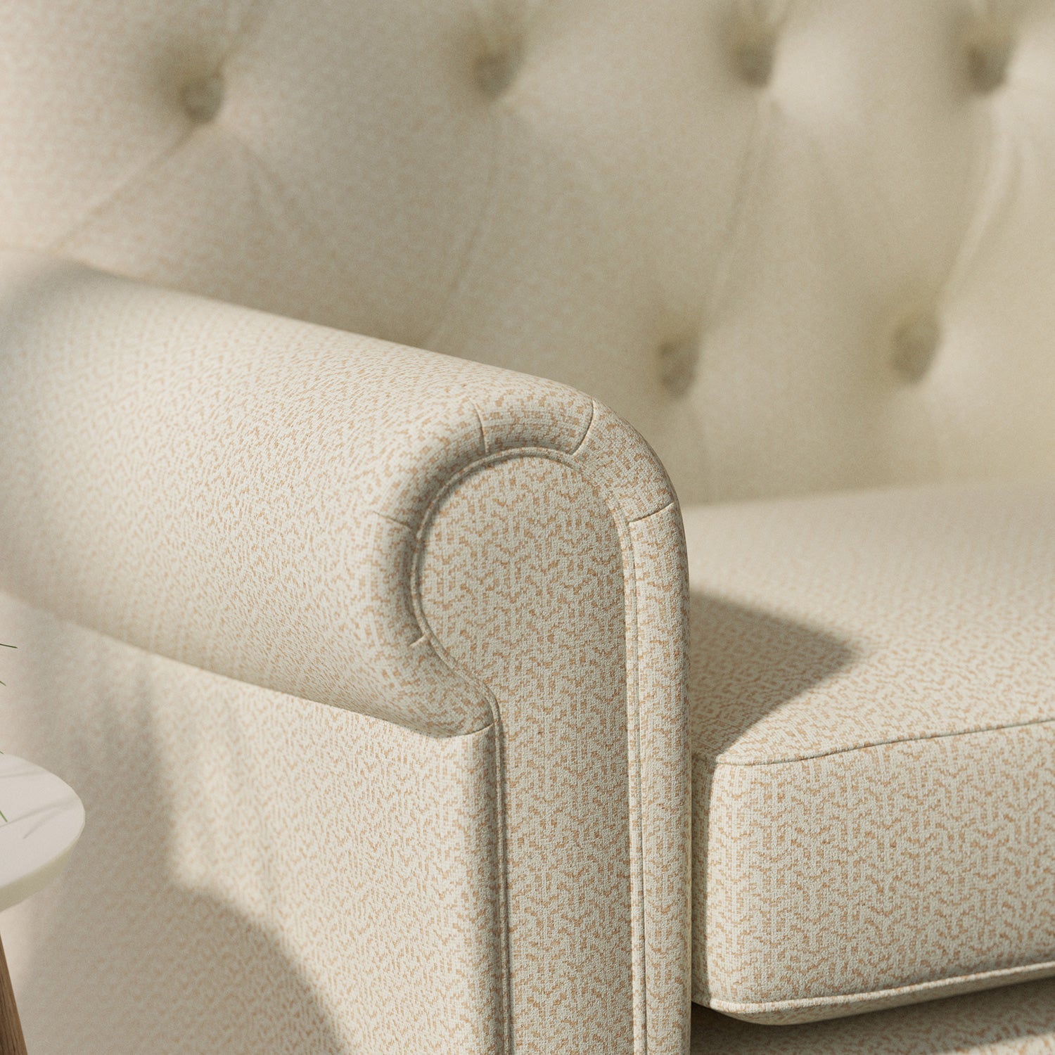 Sofa upholstered in a orange Scandi-style semi-plain upholstery fabric with a stain resistant finish