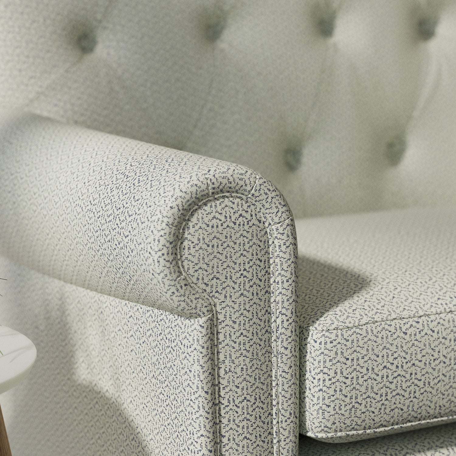 Sofa upholstered in a blue Scandi-style semi-plain upholstery fabric with a stain resistant finish