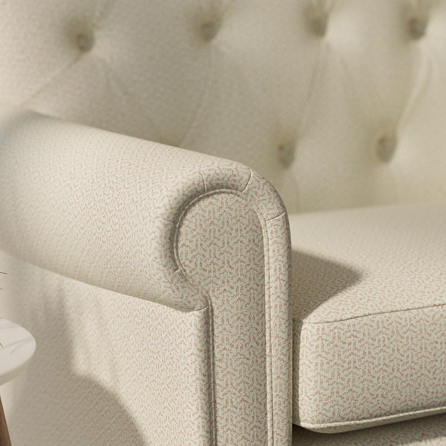 Sofa upholstered in a orange Scandi-style semi-plain upholstery fabric with a stain resistant finish