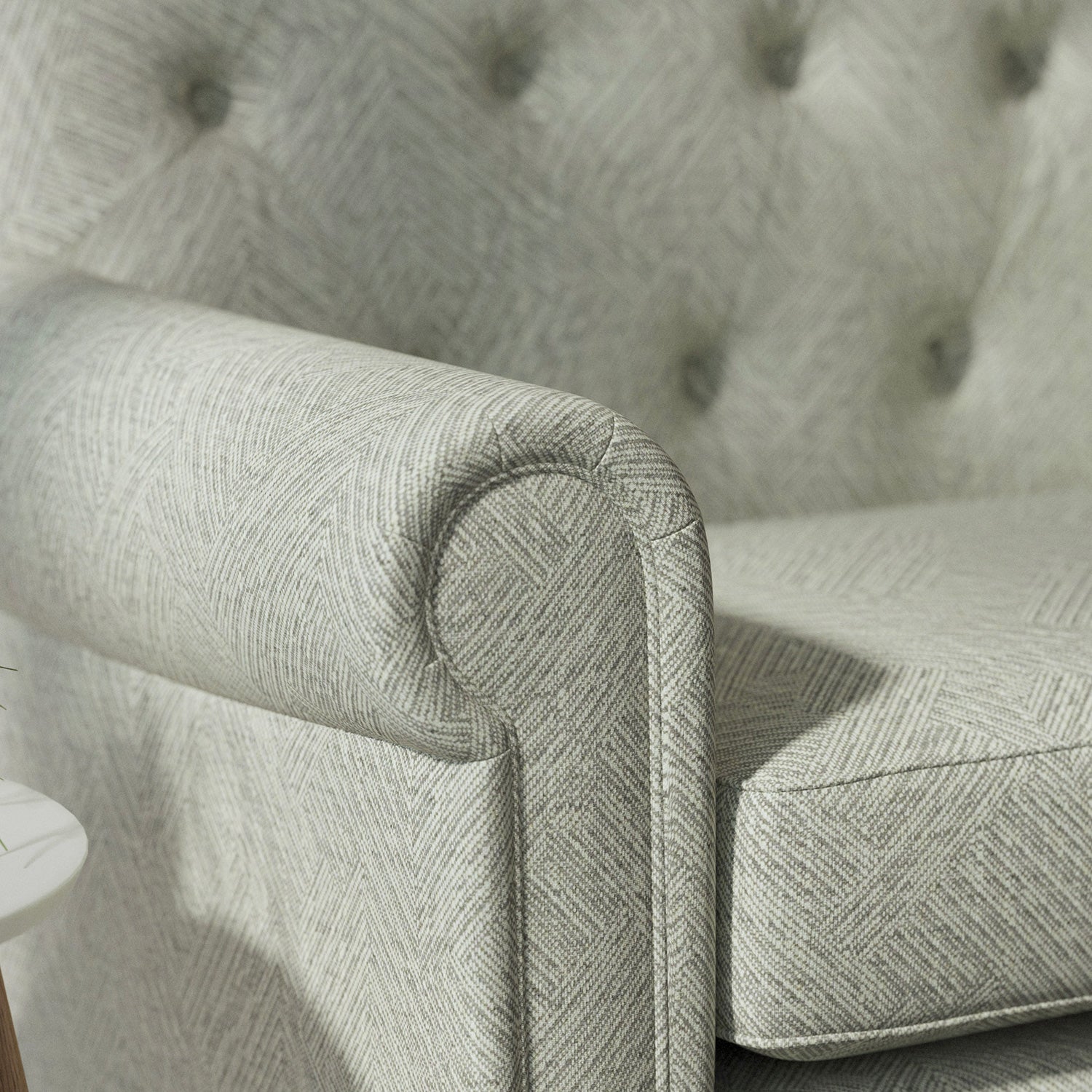 Sofa upholstered in a grey Scandi-style semi-plain upholstery fabric with a stain resistant finish