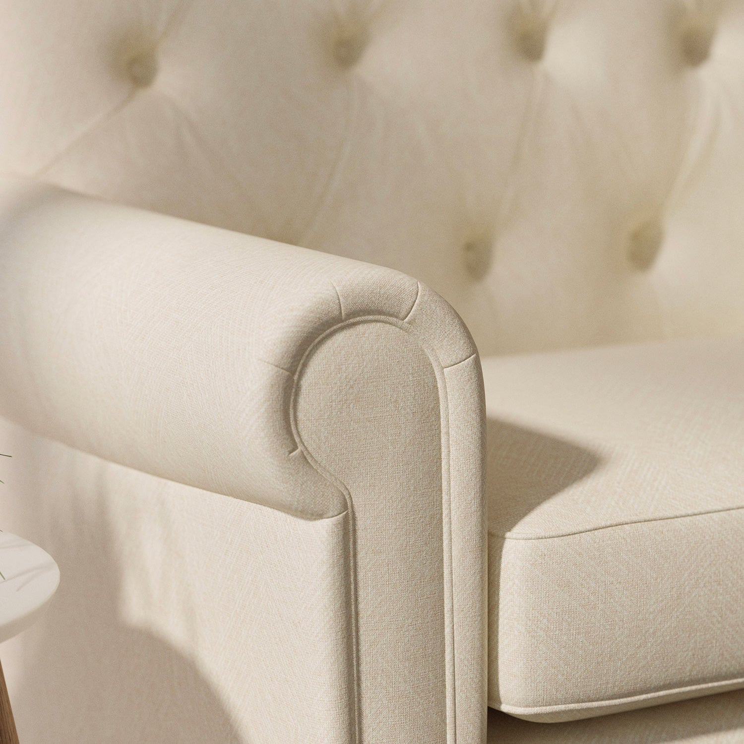 Sofa upholstered in a light pink Scandi-style semi-plain upholstery fabric with a stain resistant finish