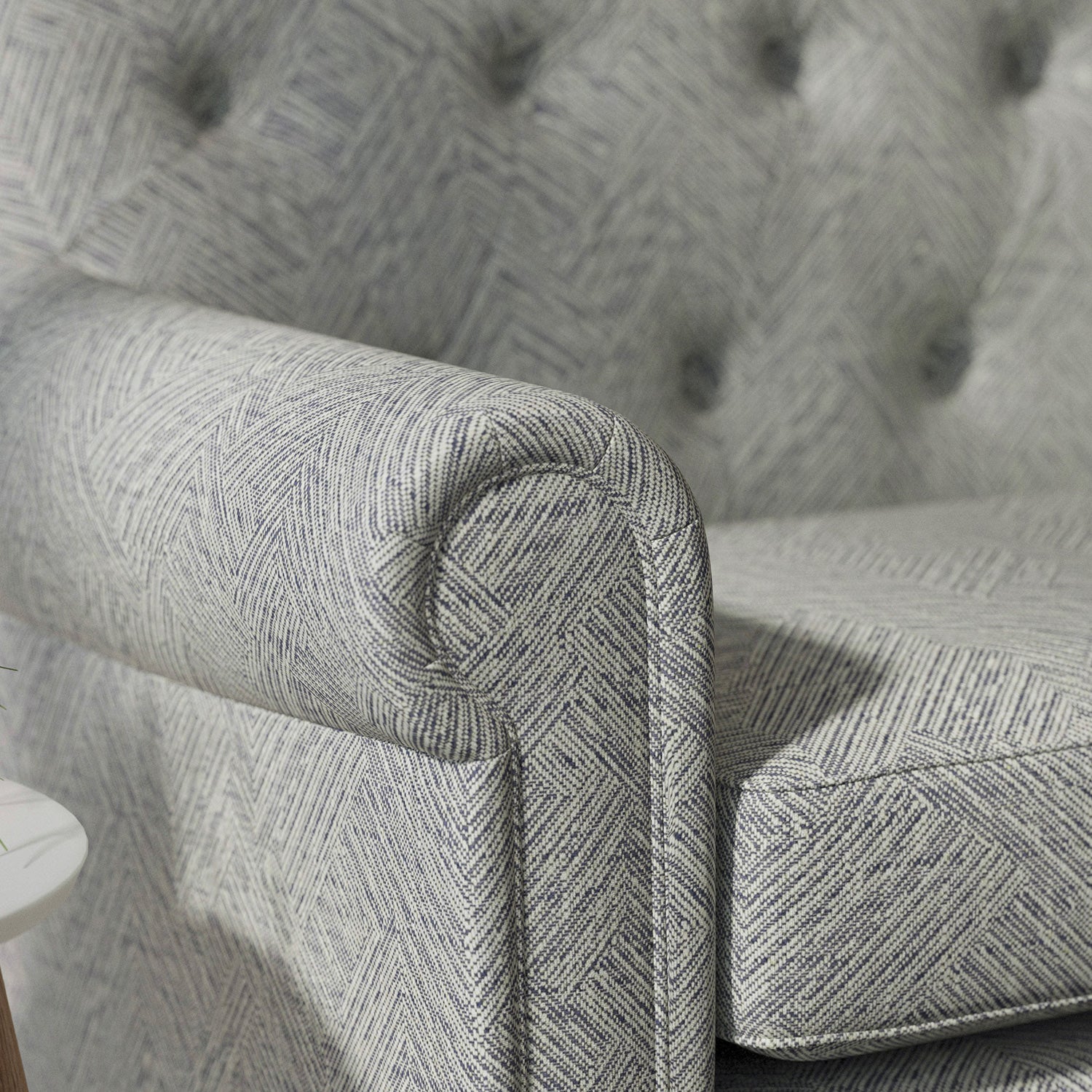 Sofa upholstered in a dark blue Scandi-style semi-plain upholstery fabric with a stain resistant finish