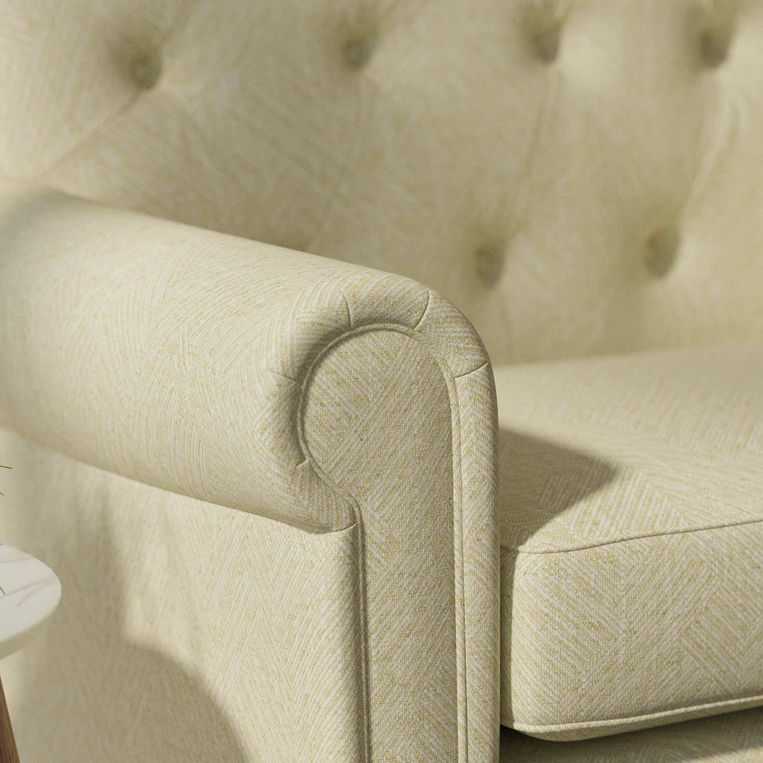 Sofa upholstered in a pear green Scandi-style semi-plain upholstery fabric with a stain resistant finish