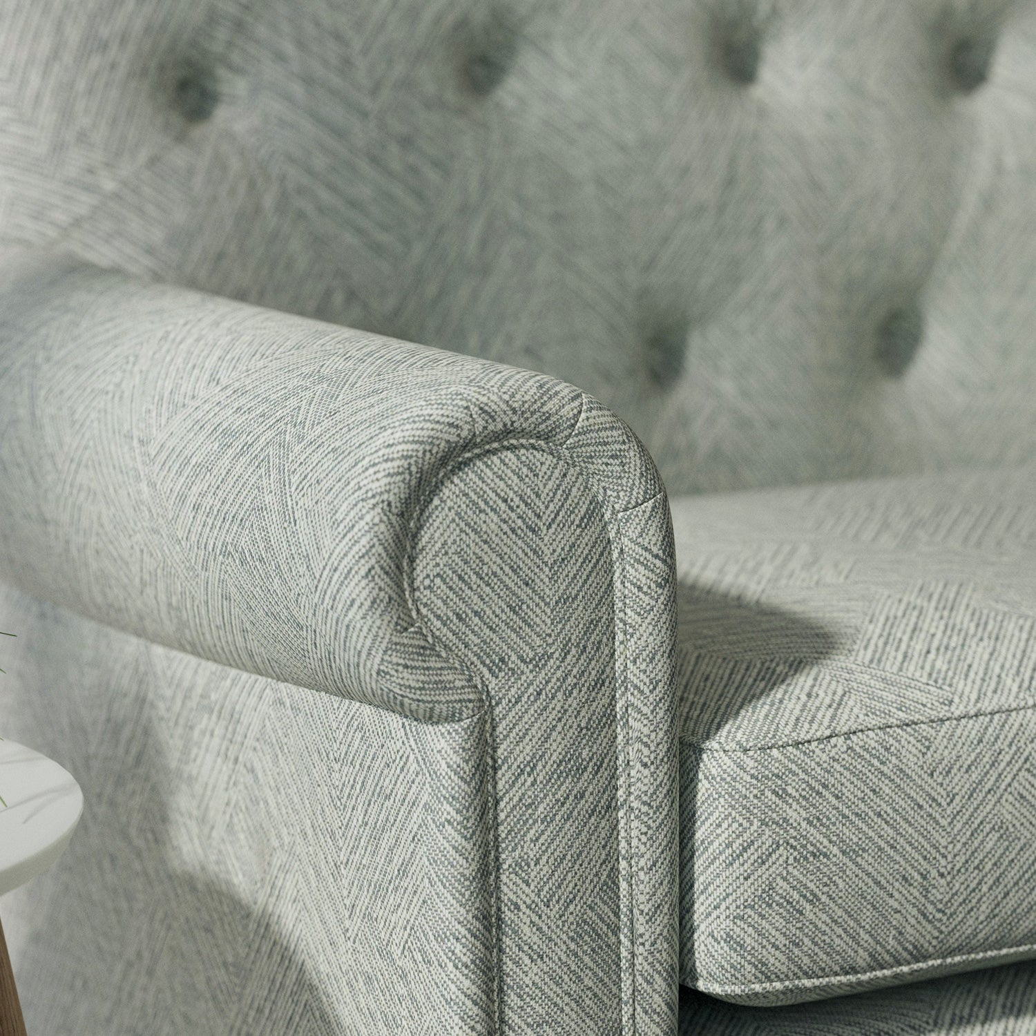 Sofa upholstered in a dark grey Scandi-style semi-plain upholstery fabric with a stain resistant finish