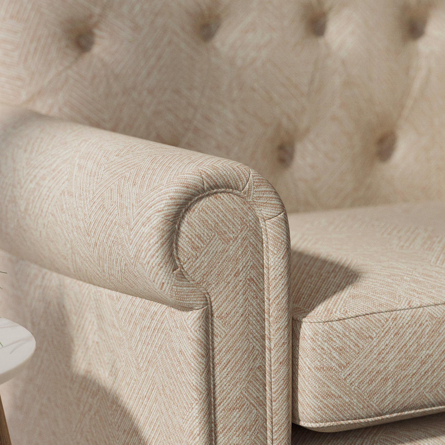 Sofa upholstered in a dark orange Scandi-style semi-plain upholstery fabric with a stain resistant finish