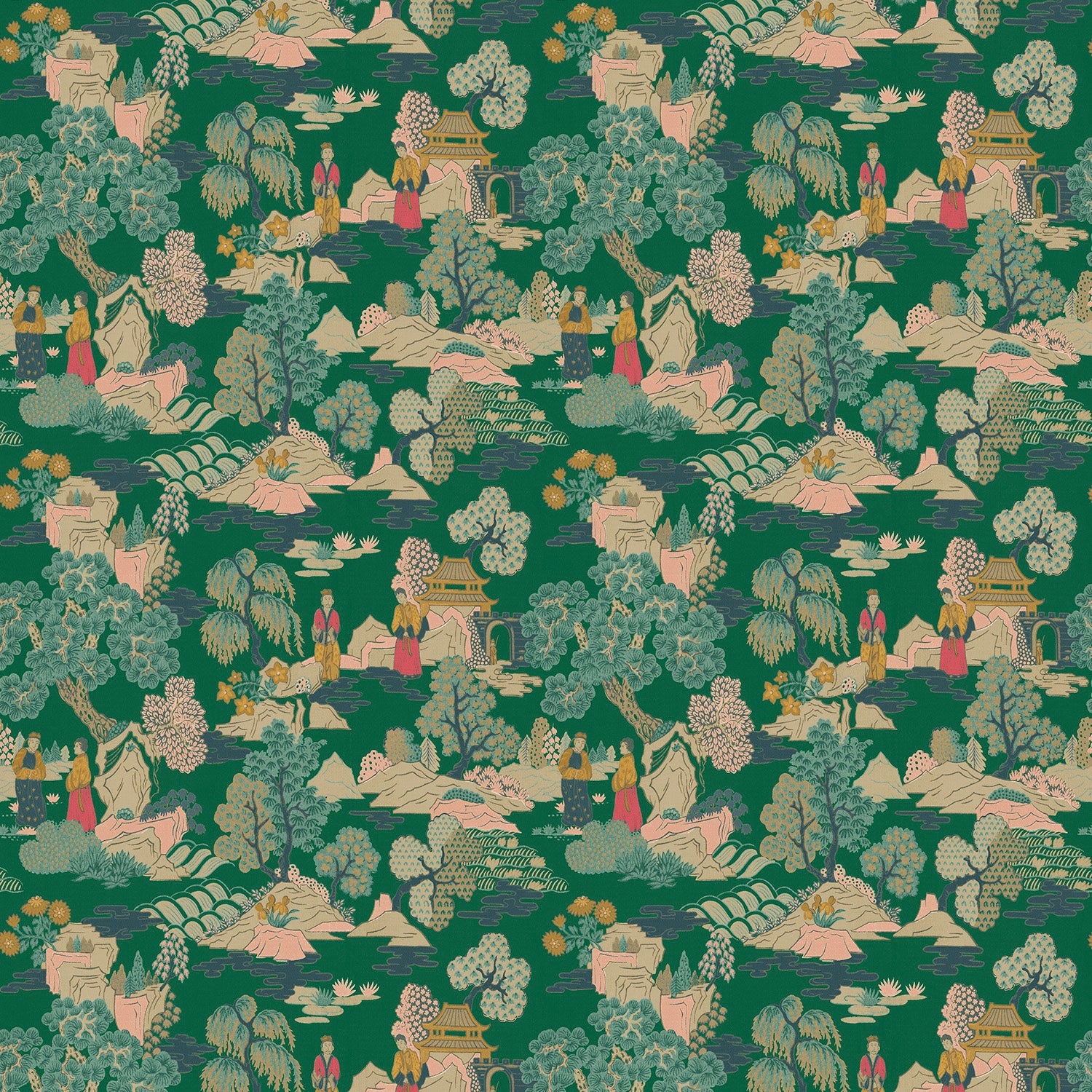 Fabric swatch of a printed velvet fabric featuring a Japanese-style toile in green.