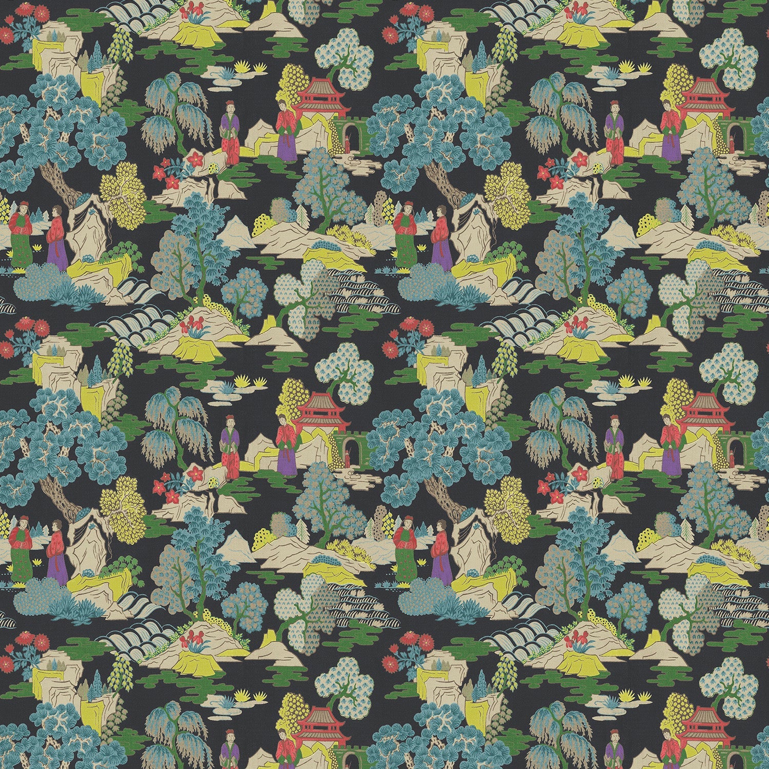 Printed velvet fabric swatch featuring a Japanese-style toile in blue and yellow.