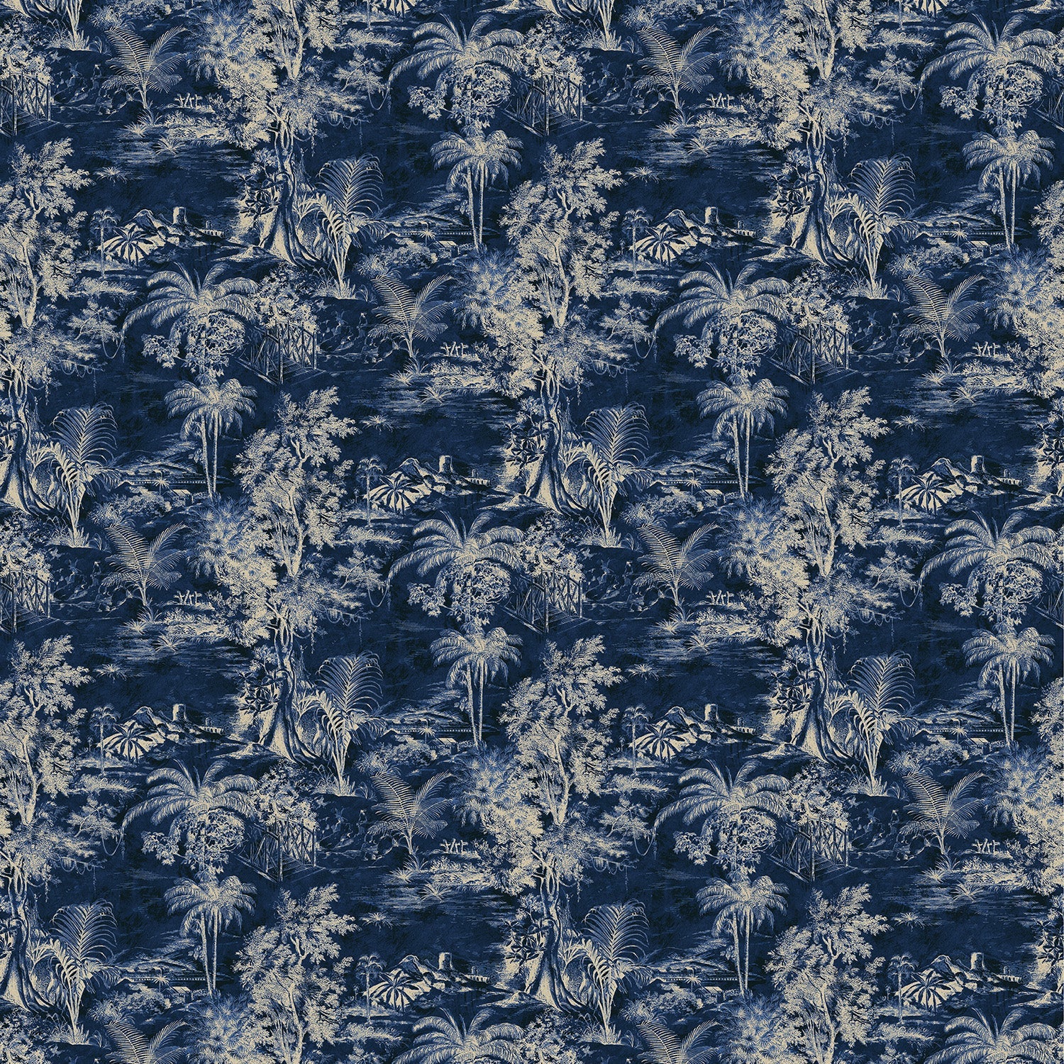 Printed velvet fabric swatch of a rich, tropical-style toile in Indigo.