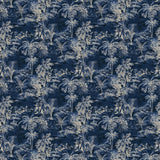 Printed velvet fabric swatch of a rich, tropical-style toile in Indigo.