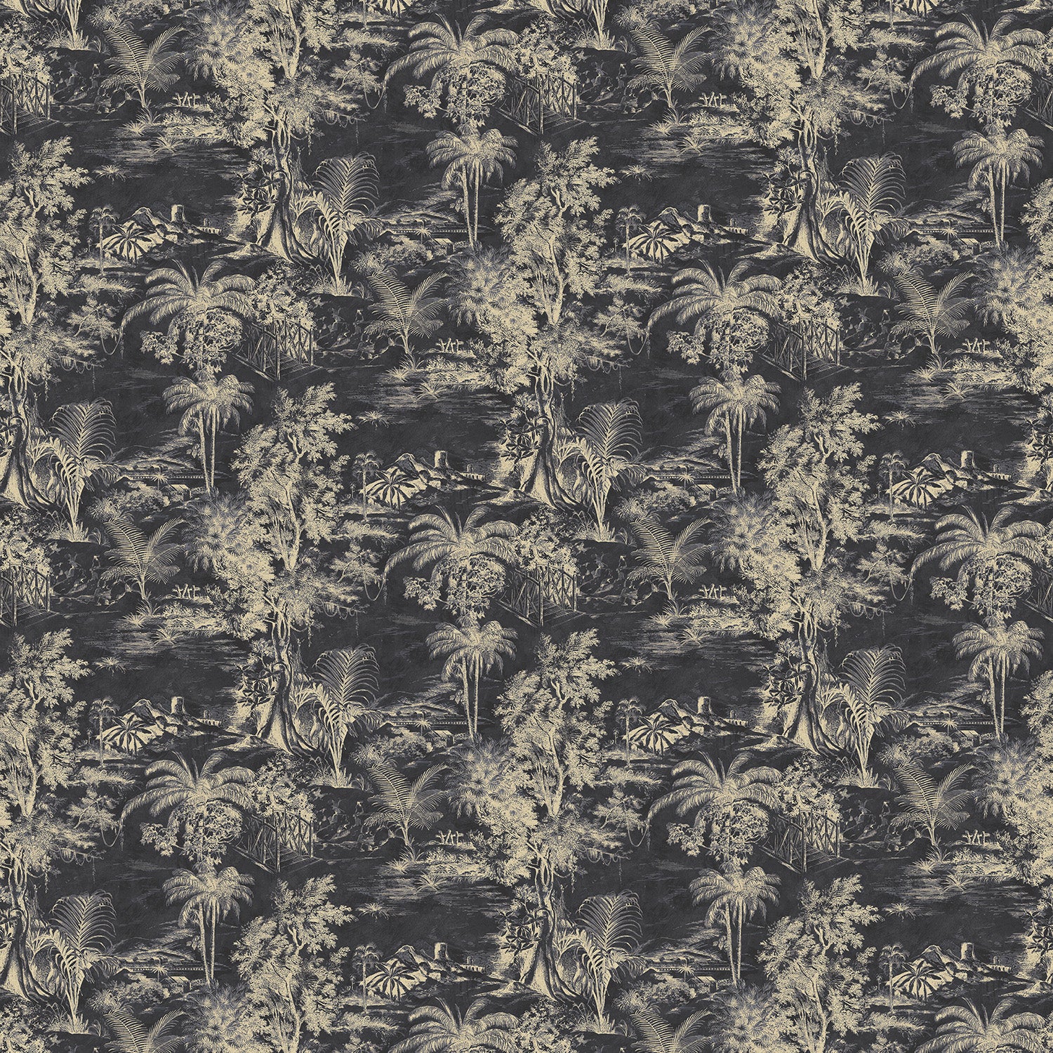 Printed velvet fabric swatch of a rich, tropical-style toile in slate.