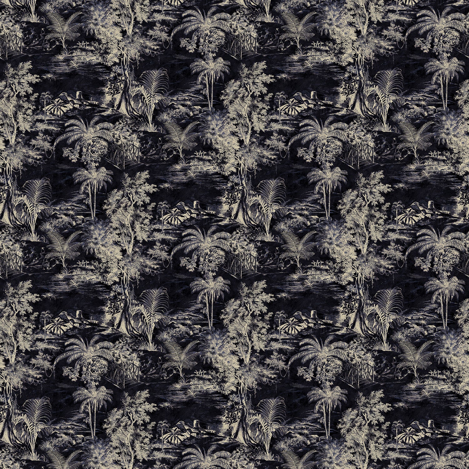 Printed velvet fabric swatch of a rich, tropical-style toile in dark grey.