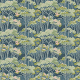 Printed velvet fabric swatch of a blue/green Japanese tree design.