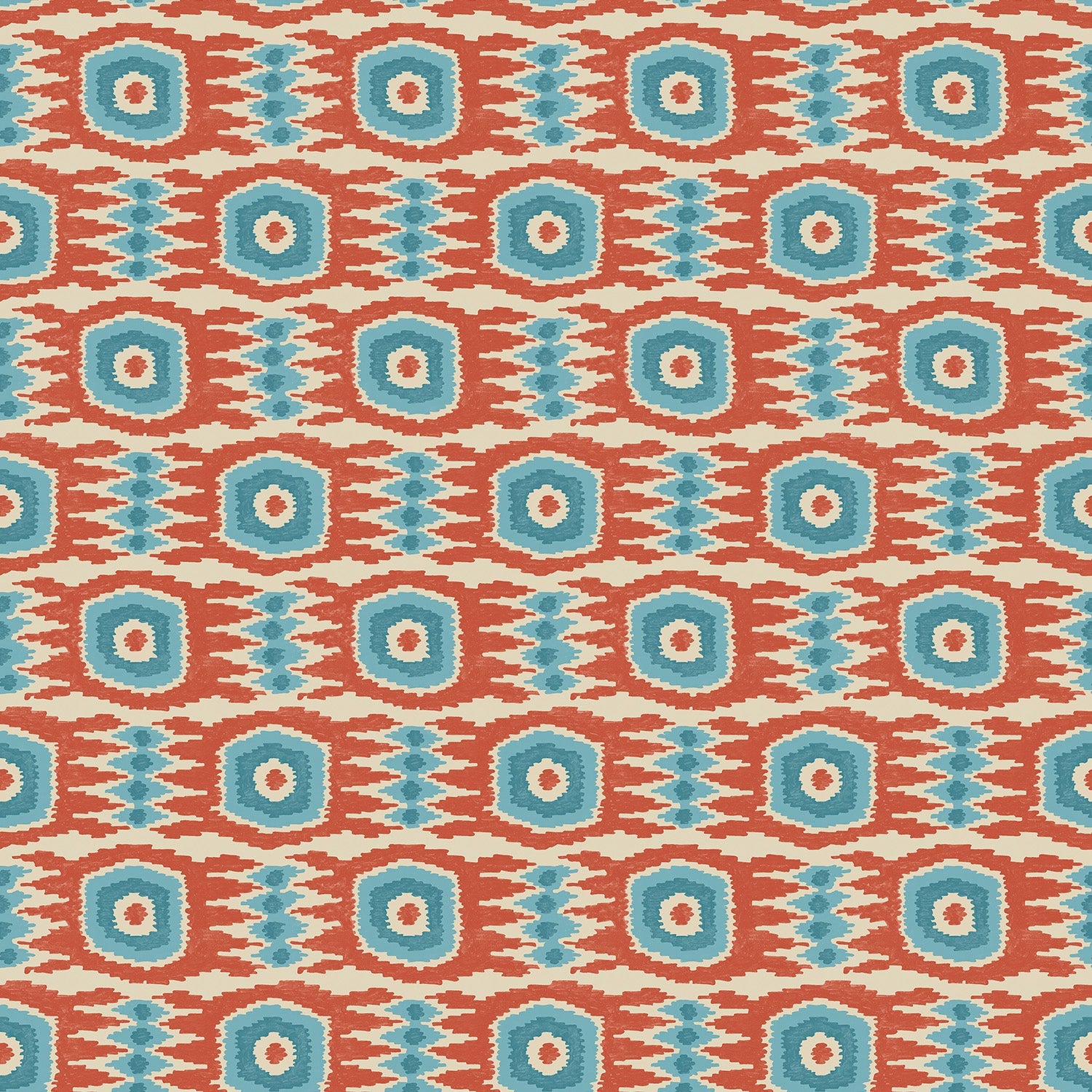 Fabric swatch of an abstract blue and orange stain resistant velvet upholstery fabric.