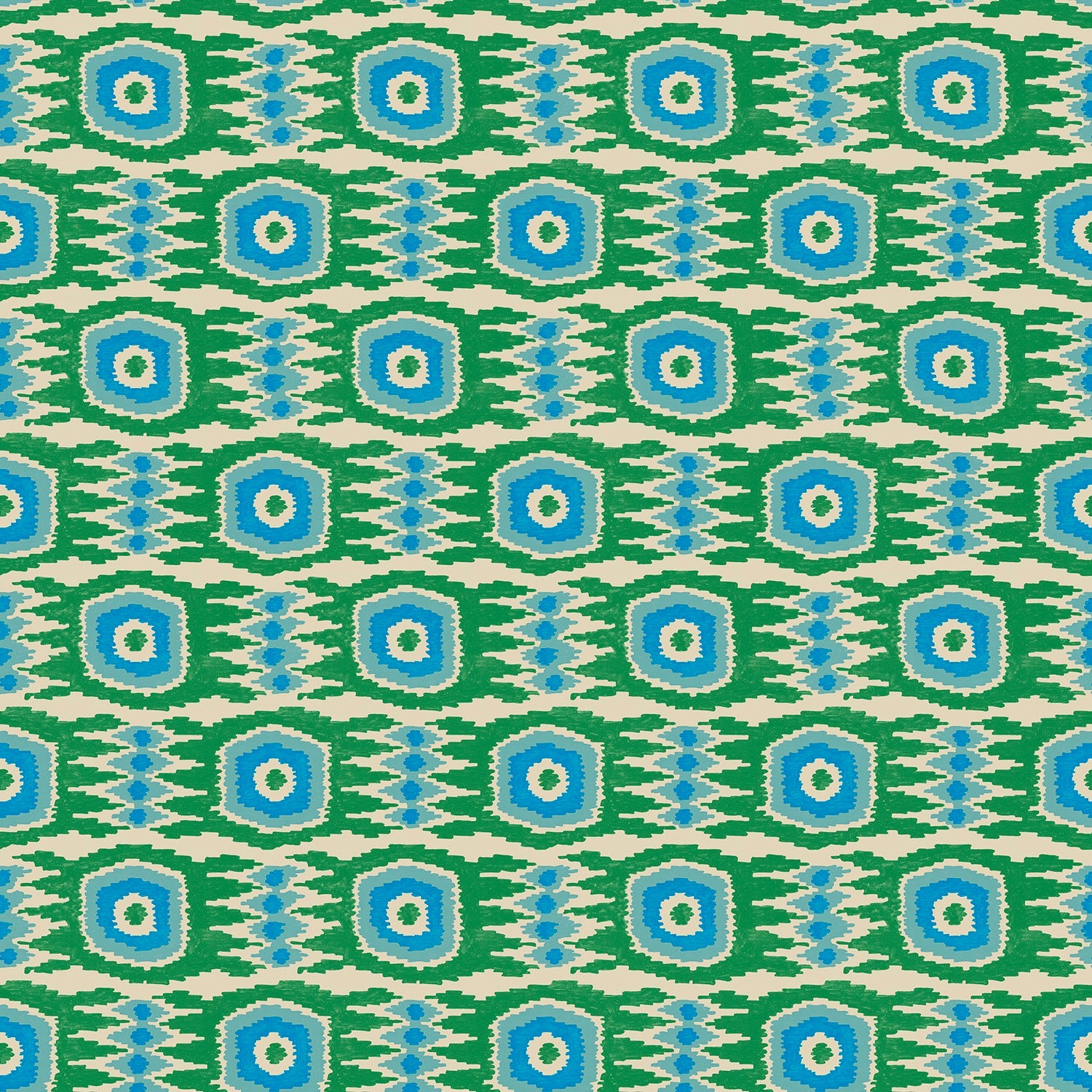 Fabric swatch of a printed velvet fabric featuring a fun, jazzy pattern in Seagreen.