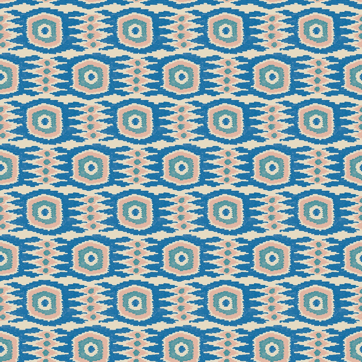Fabric swatch of a printed velvet fabric featuring a fun, jazzy pattern in blue, green and pink.