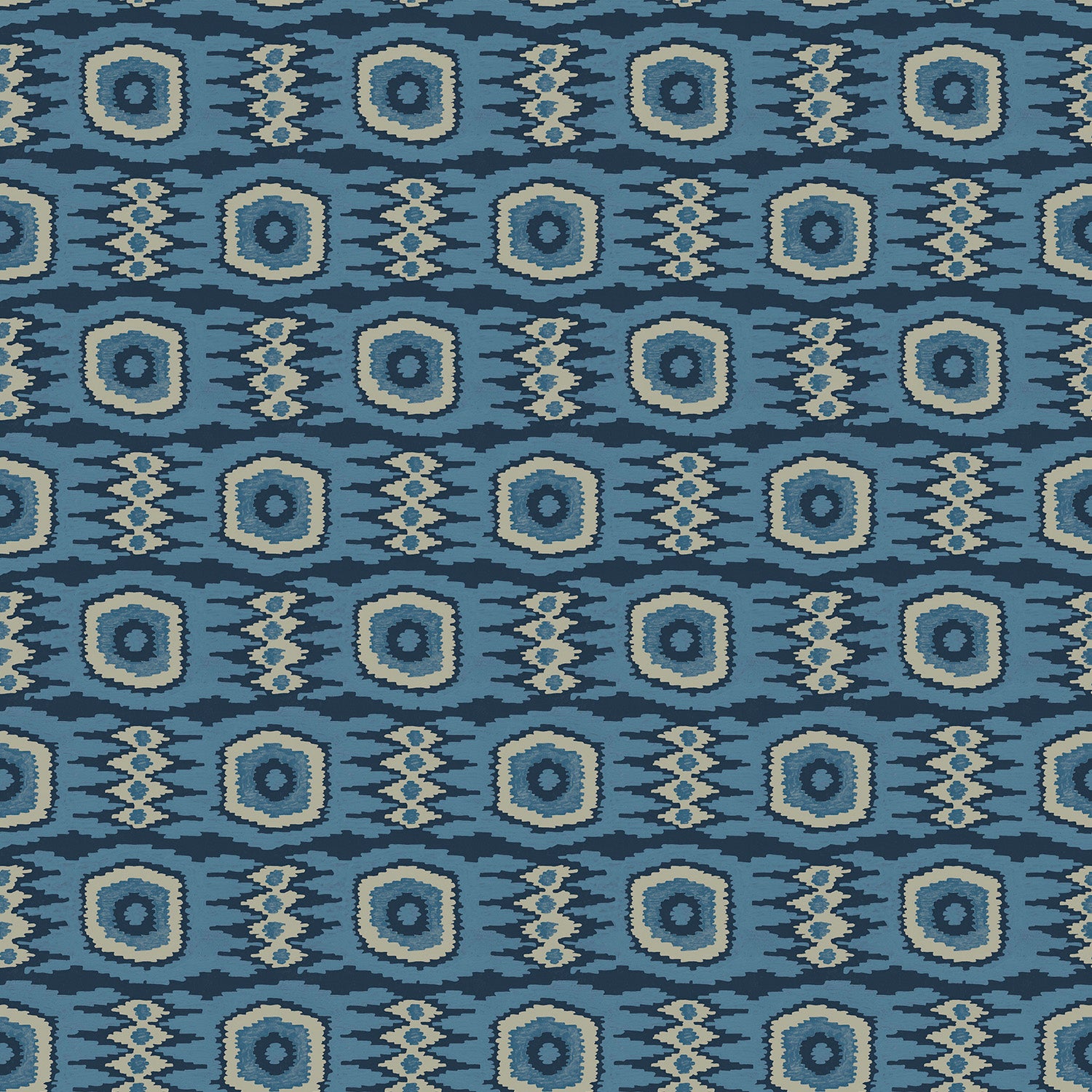 Fabric swatch of a printed velvet fabric featuring a fun, jazzy pattern in navy.