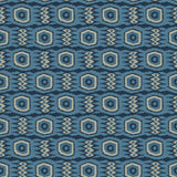 Fabric swatch of a printed velvet fabric featuring a fun, jazzy pattern in navy.