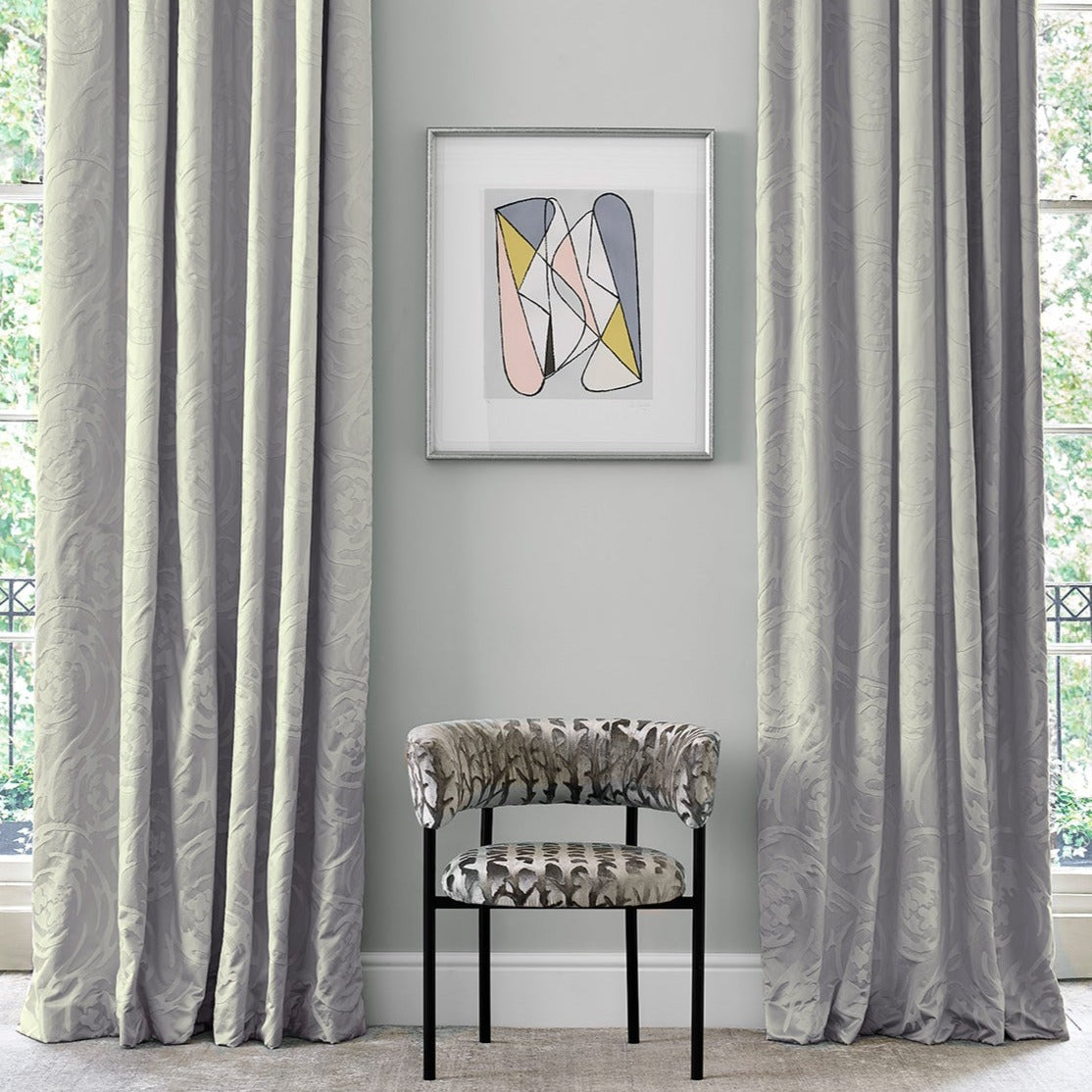 Curtain in luxury grey coloured silk and cotton fabric with swirl design