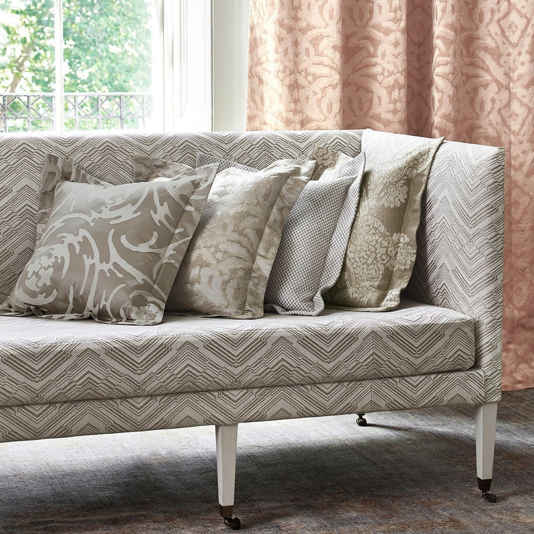 Curtain in luxury blush pink fabric with jacquard design