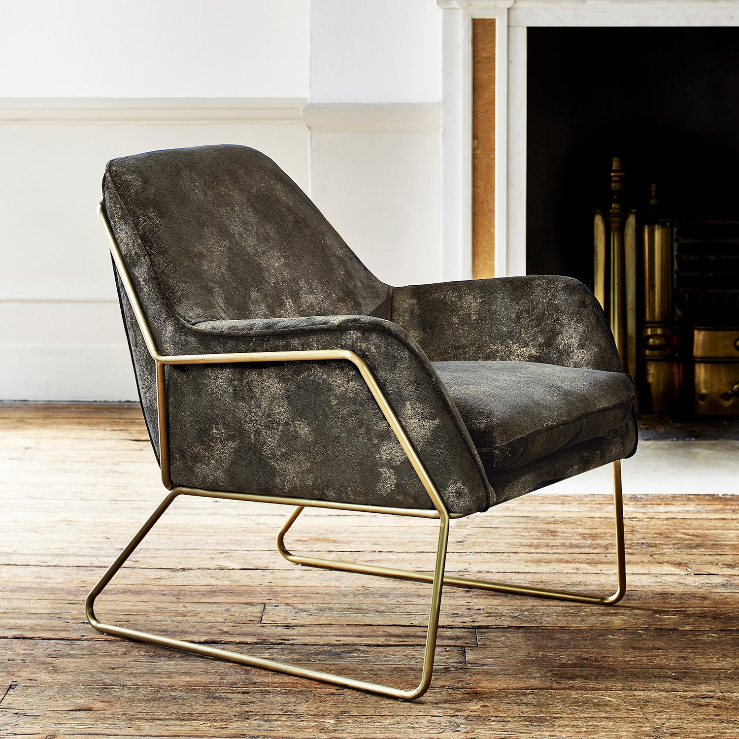 Chair upholstered in a luxurious grey velvet upholstery fabric with stunning metallic foil design