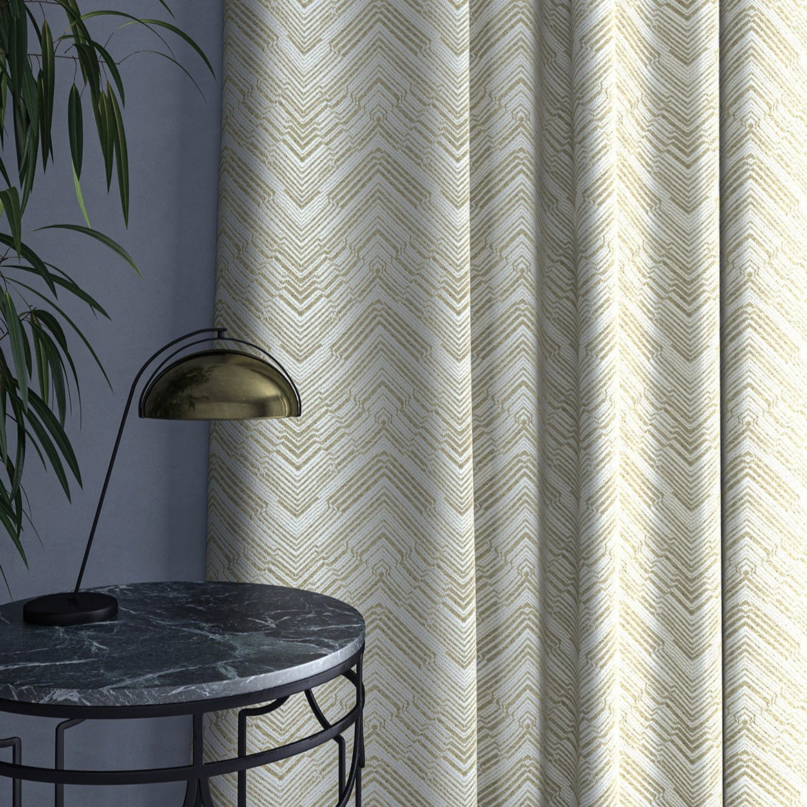 Curtain in a stain resistant cream herringbone weave fabric