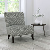 Chair upholstered in a stain resistant dark neutral herringbone weave upholstery fabric