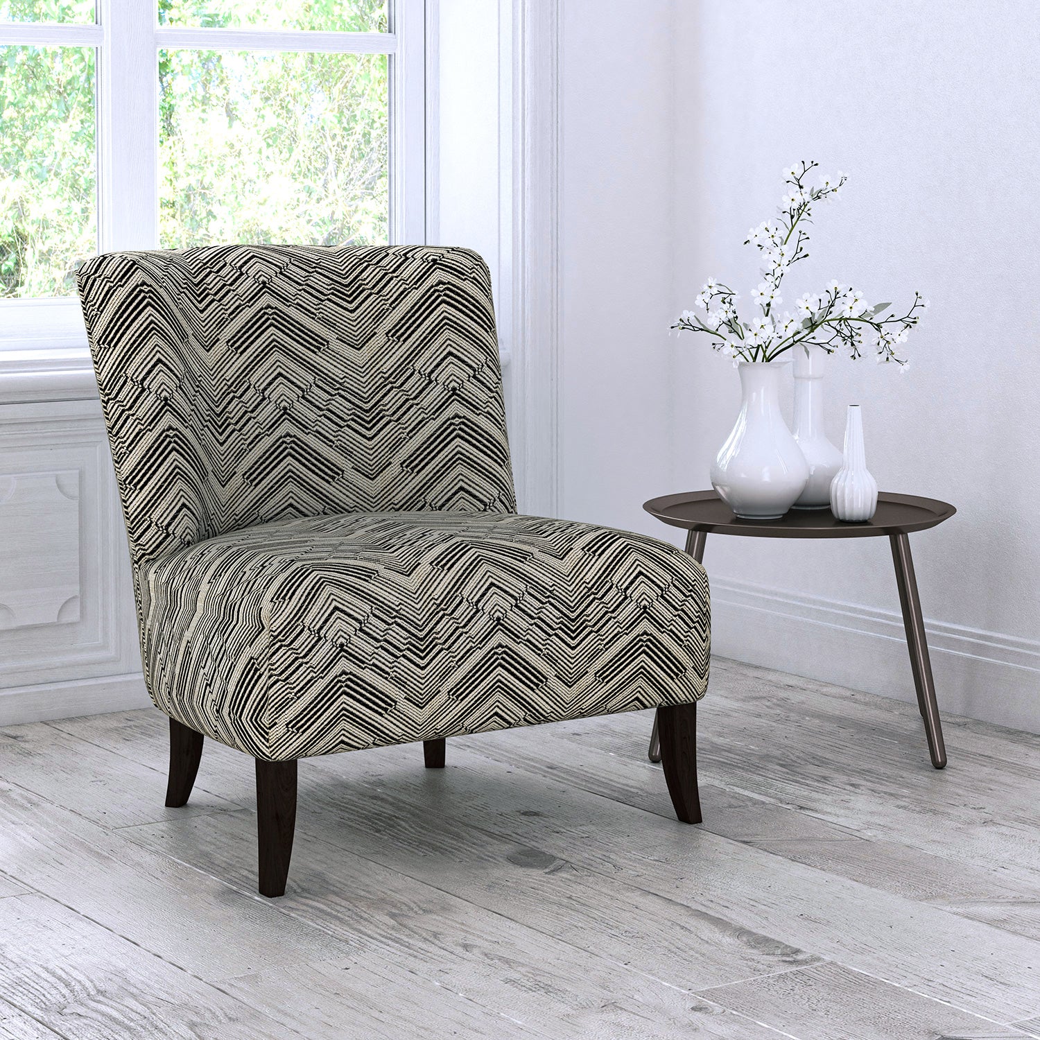 Chair upholstered in a stain resistant dark grey herringbone weave upholstery fabric