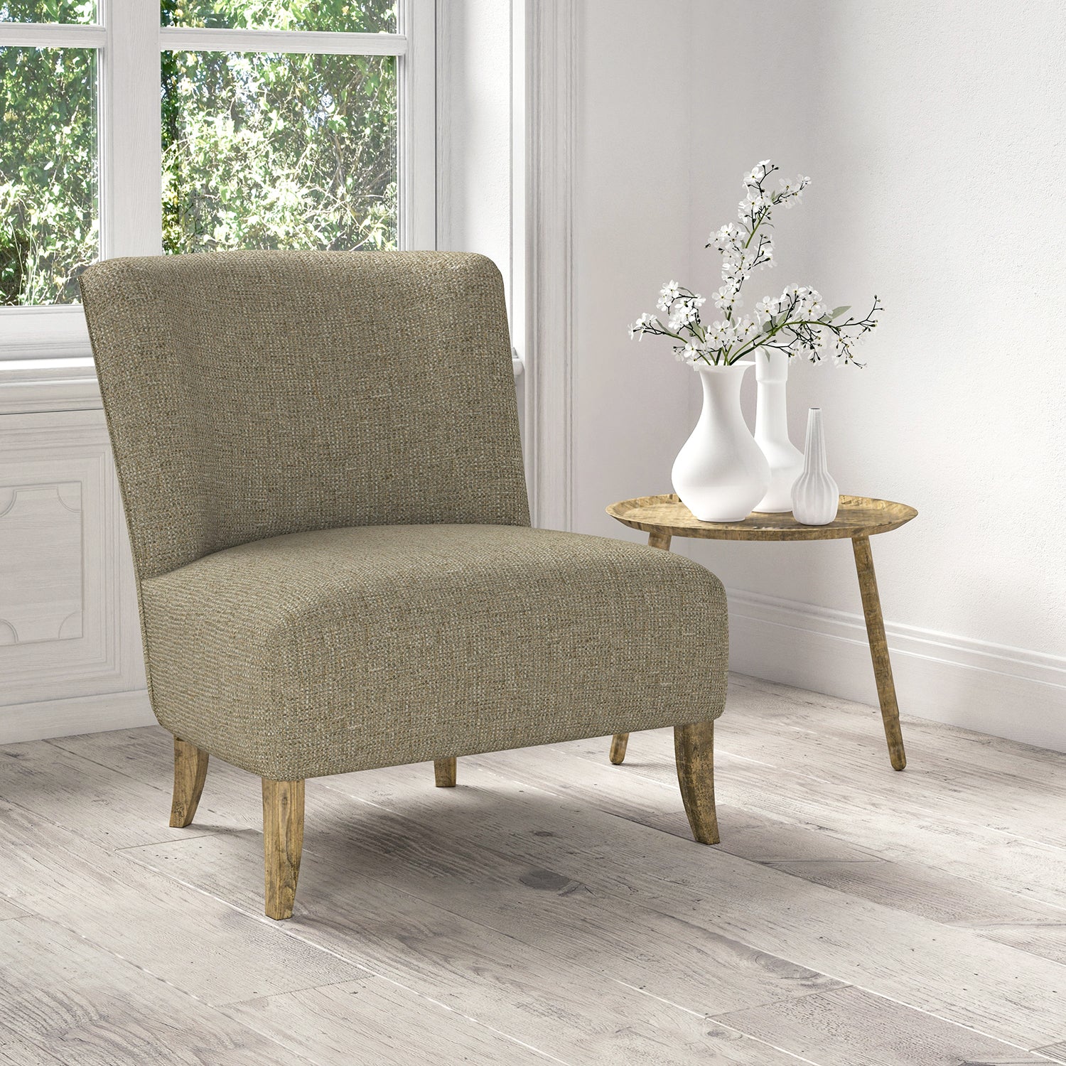 Chair upholstered in a stain resistant neutral fabric with a tweed design
