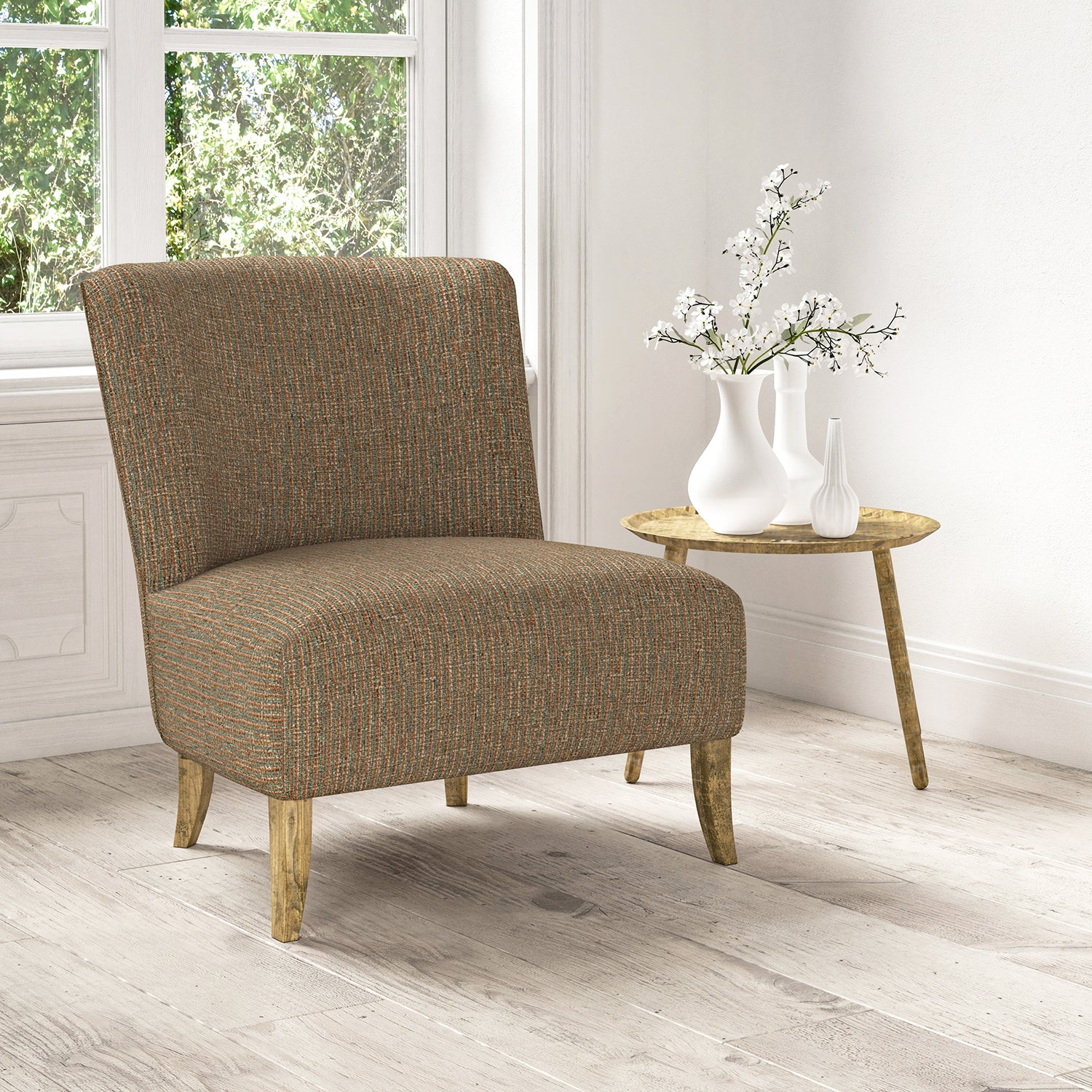 Chair upholstered in a stain resistant multicoloured fabric with a tweed design