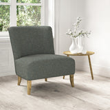 Chair upholstered in a stain resistant blue fabric with a tweed design