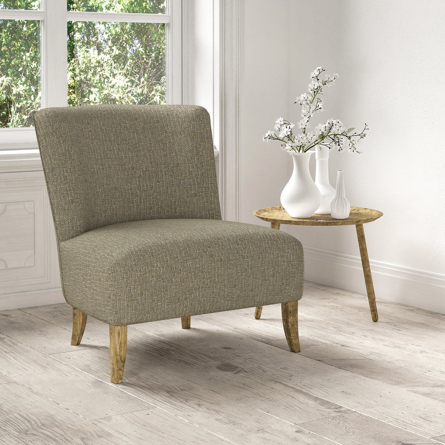 Chair upholstered in a stain resistant grey fabric with a tweed design