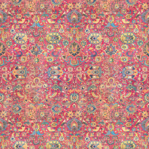 Pink and multicoloured velvet fabric with carpet design and stain resistant finish