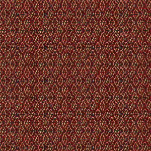 Velvet fabric in a dark red colour with a vintage kilim design and stain resistant finish