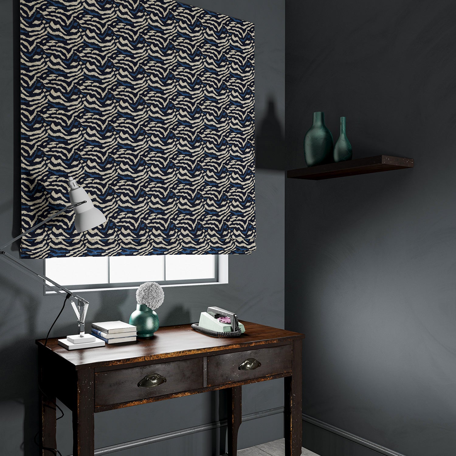Velvet blind in a dark blue velvet with abstract animal print design