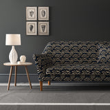 Velvet sofa in a dark blue velvet fabric with abstract animal print design