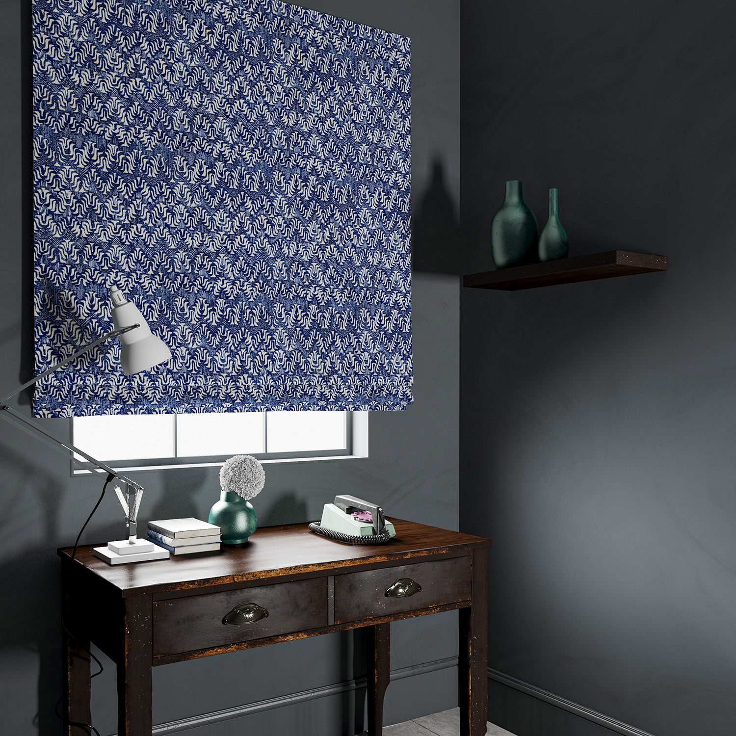 Velvet blind in a blue velvet fabric with modern colour block design