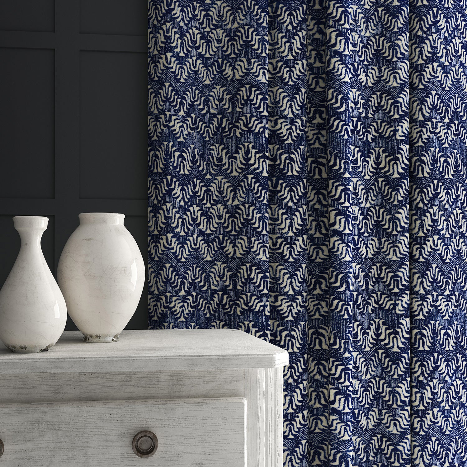 Velvet curtain in a blue velvet fabric with modern colour block design