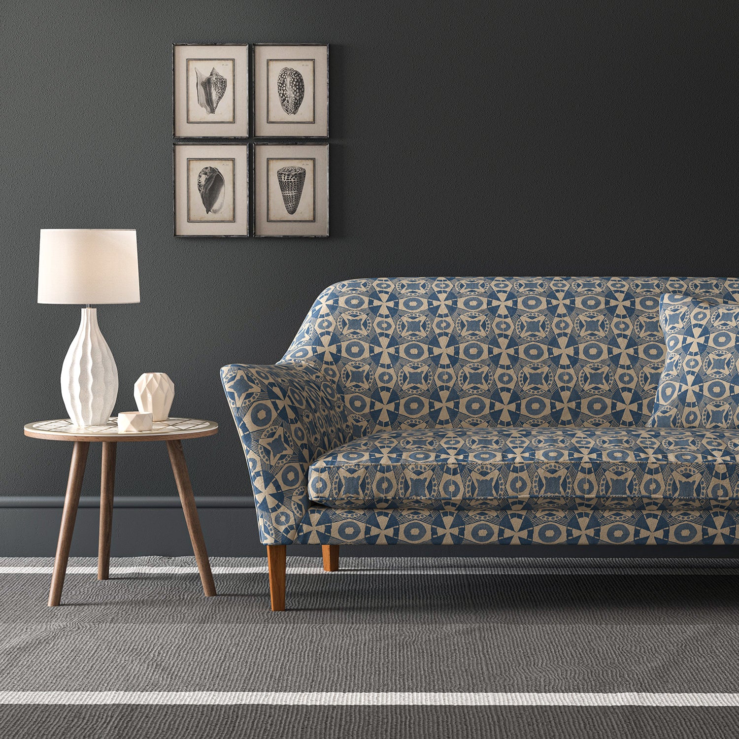 Velvet sofa in a blue velvet fabric with colour block design and stain resistant finish