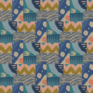 Blue velvet fabric with a stain resistant finish and abstract geometric design