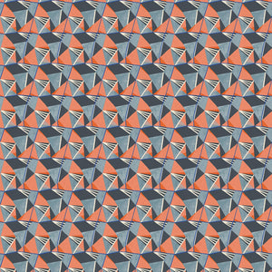 Blue and orange velvet fabric with a modern geometric design and a stain resistant finish