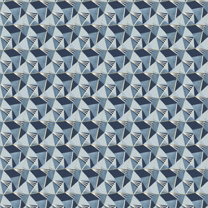 Blue velvet fabric with a modern geometric design and a stain resistant finish