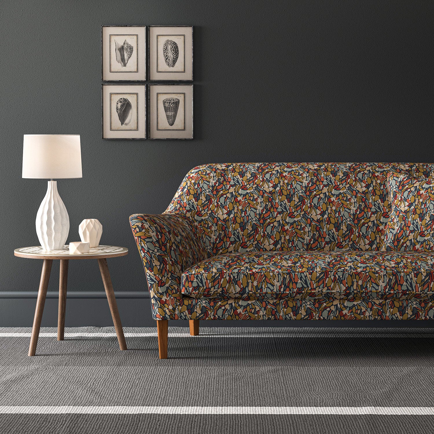 Velvet sofa in a stain resistant velvet fabric with a multicoloured abstract design